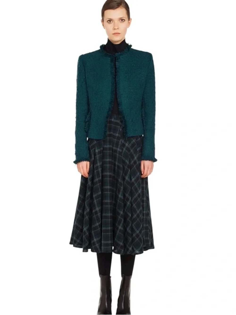 Akris Punto Emerald Green Boucle Tweed Fringe Trim Open Jacket Wool Blend 10